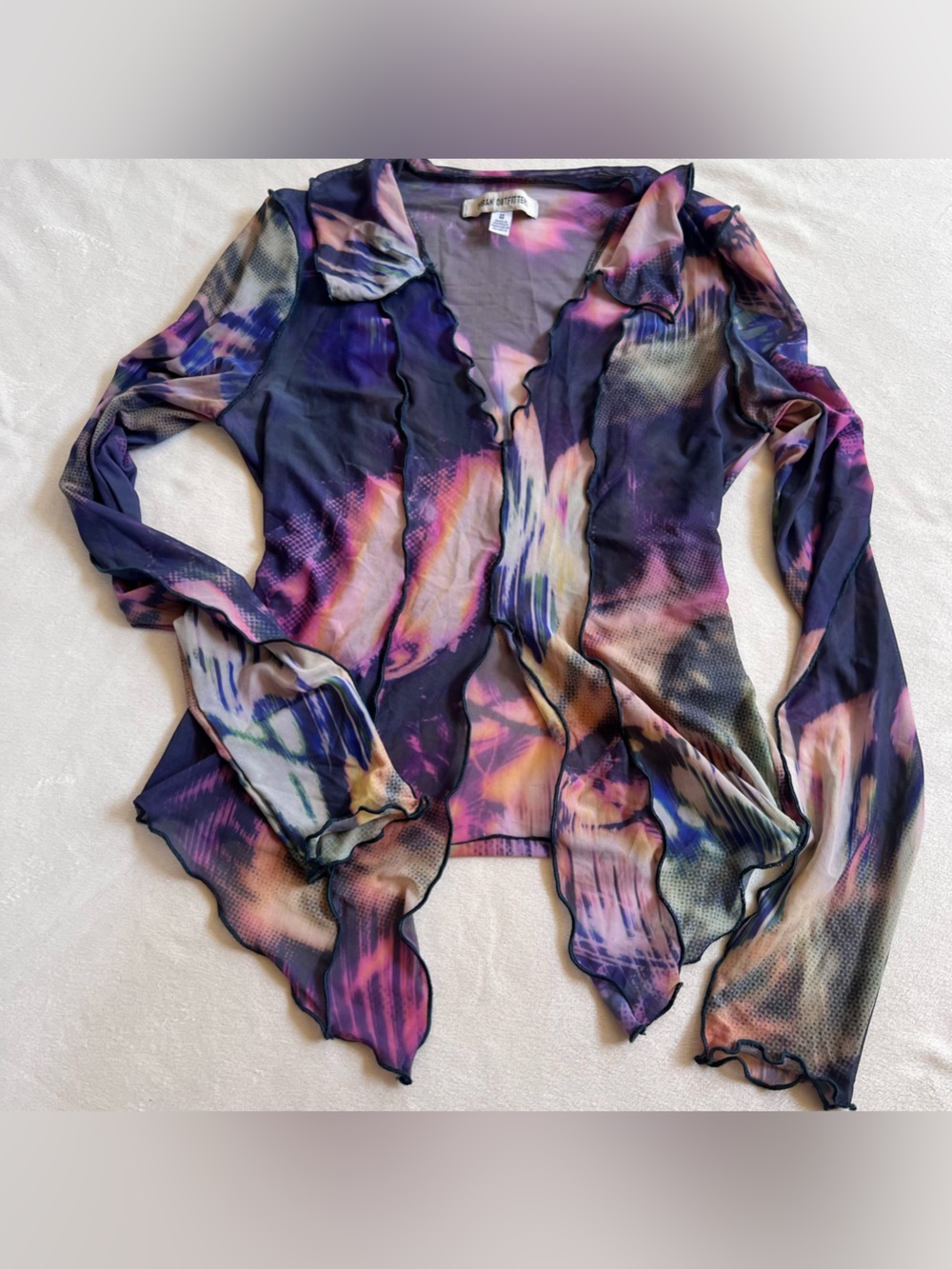 Urban Outfitters Abstract Sheer Y2K Multi-Color Ruffled Long Sleeve Top Blouse